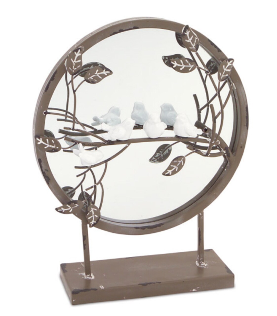 Melrose New Romance Round Tabletop Mirror with Perched Birds on Branch 12.5"